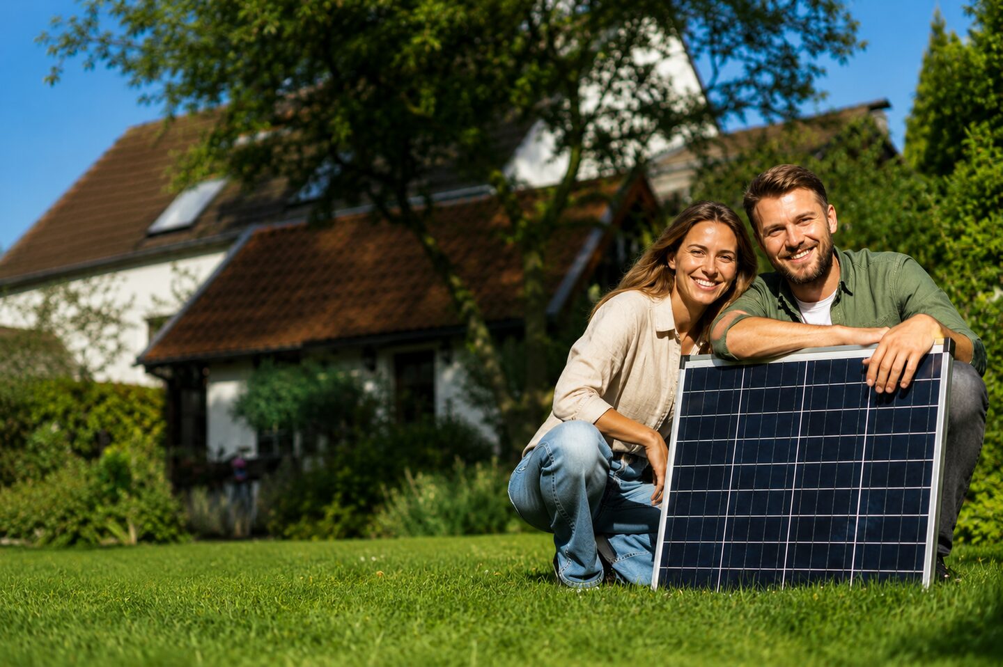 Paar vor dem eigenen Haus mit Photovoltaikanlage